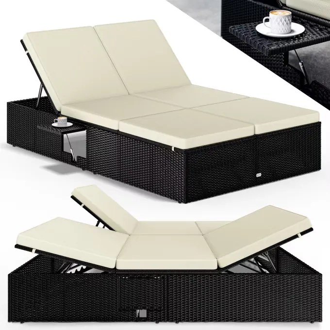 Deuba Kerti rattan ágy 200x115 cm fekete - krémszínű párnák