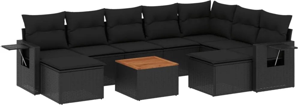 vidaXL 10 részes fekete polyrattan kerti ülőgarnitúra párnákkal