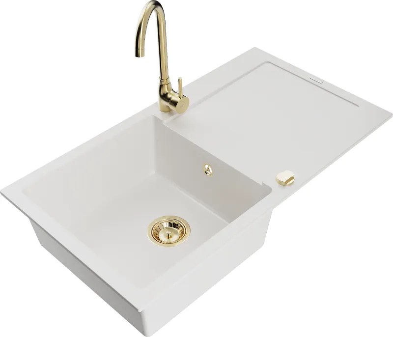 Mexen Leo egykamrás gránit mosogató csepegtetővel és Telma konyhai csappal, fehér - 6501-20-670200-50