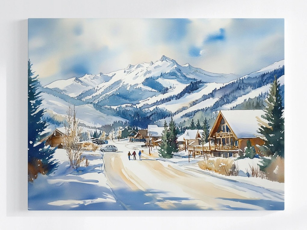 Vászonkép Canvas Tájkép Tél Hó Fagy Hegyek Üdülőhely Falu 100x75
