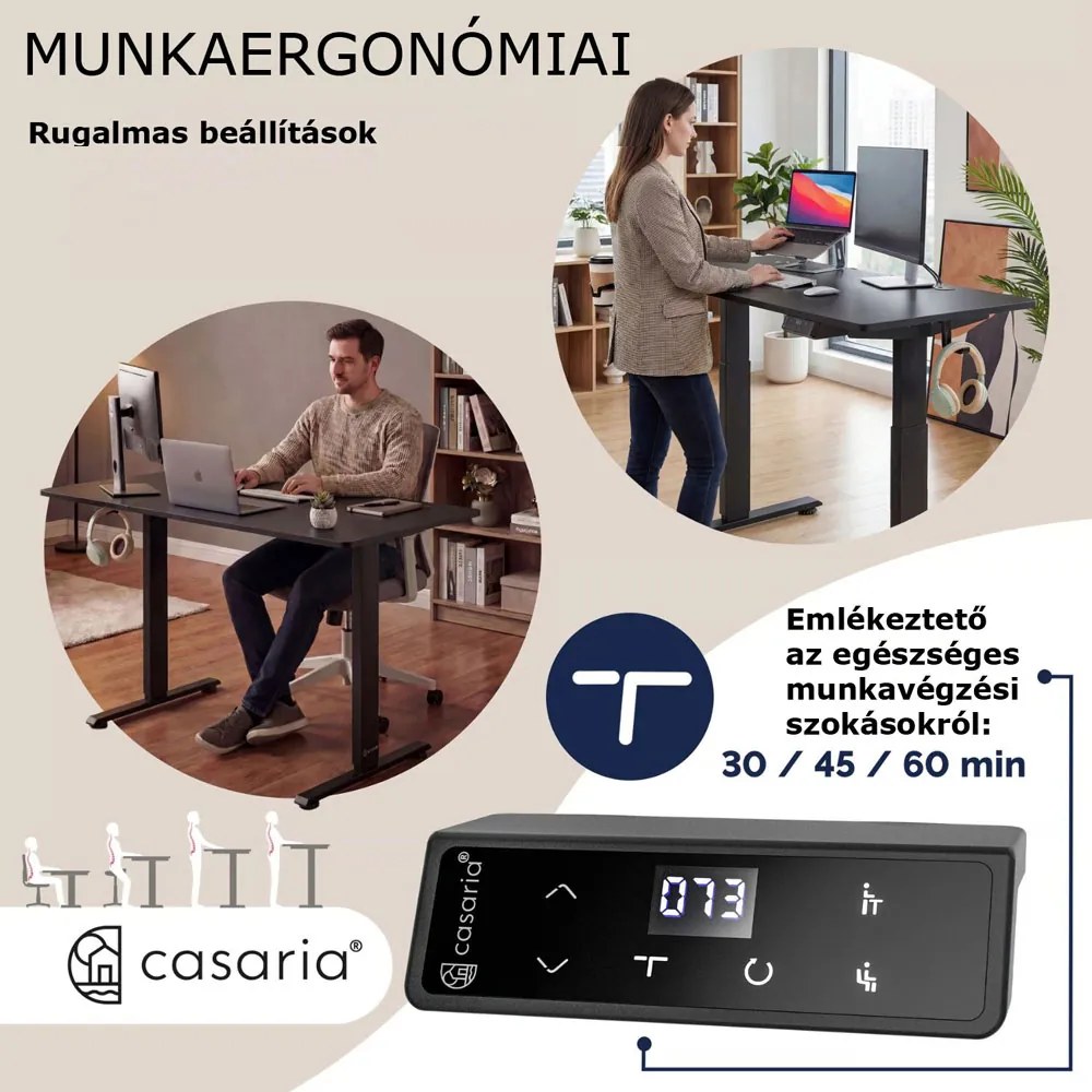 FLEXI állítható magasságú irodai íróasztal, 160x75x72–117cm, fekete Casaria