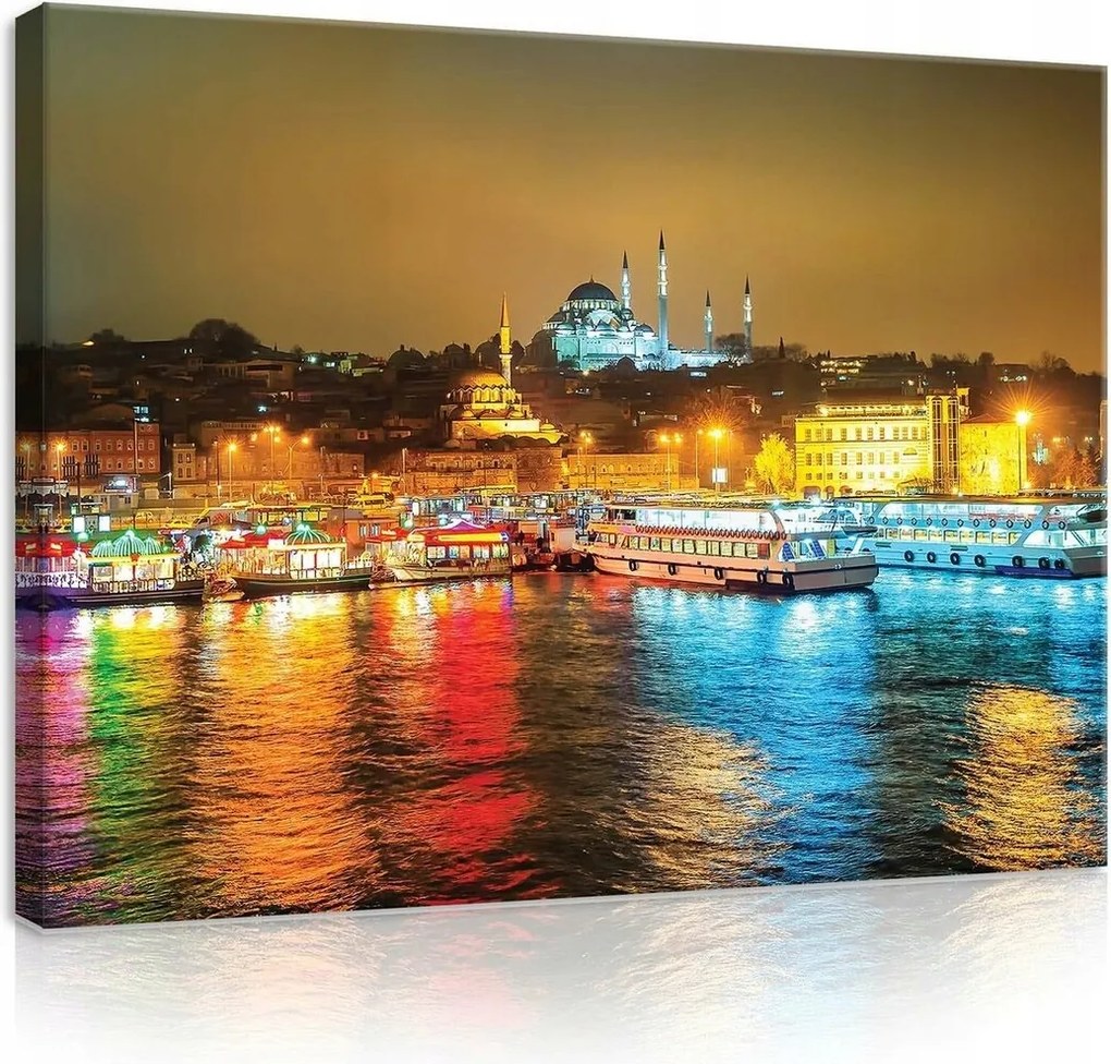 Vászonkép 80x60 Éjszakai város fény tükröződés vízpart hajók mecset