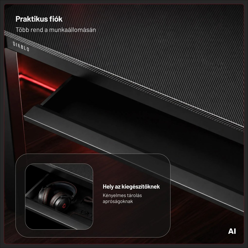 Gamer íróasztal elektromosan állítható, beépített vezeték nélküli QI töltő és USB: Diablo X-RIFT fekete
