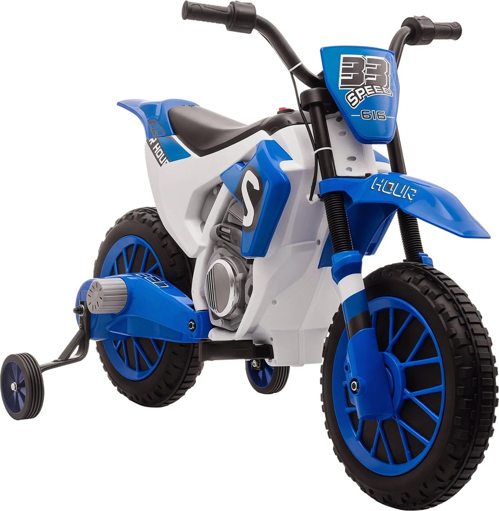HOMCOM Gyerek Elektromos Motor 12V-os Gyerek Jármű Két Leszerelhető Támogató Kerekes Motor 3+ Éveseknek PP Fém Kék+Fehér 106,5 x 51,5 x 68 cm | Aosom