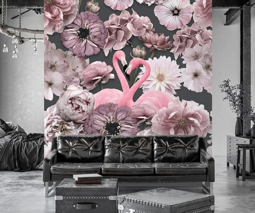 Gario Fotótapéta Rózsaszín flamingos rózsaszín virágok - Andrea Haase Anyag: Vlies, Méret: 300 x 300 cm