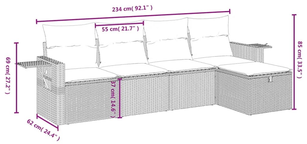 5 részes világosszürke polyrattan kerti ülőgarnitúra párnákkal