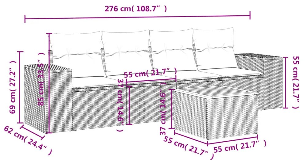 5 részes fekete polyrattan kerti kanapészett párnákkal