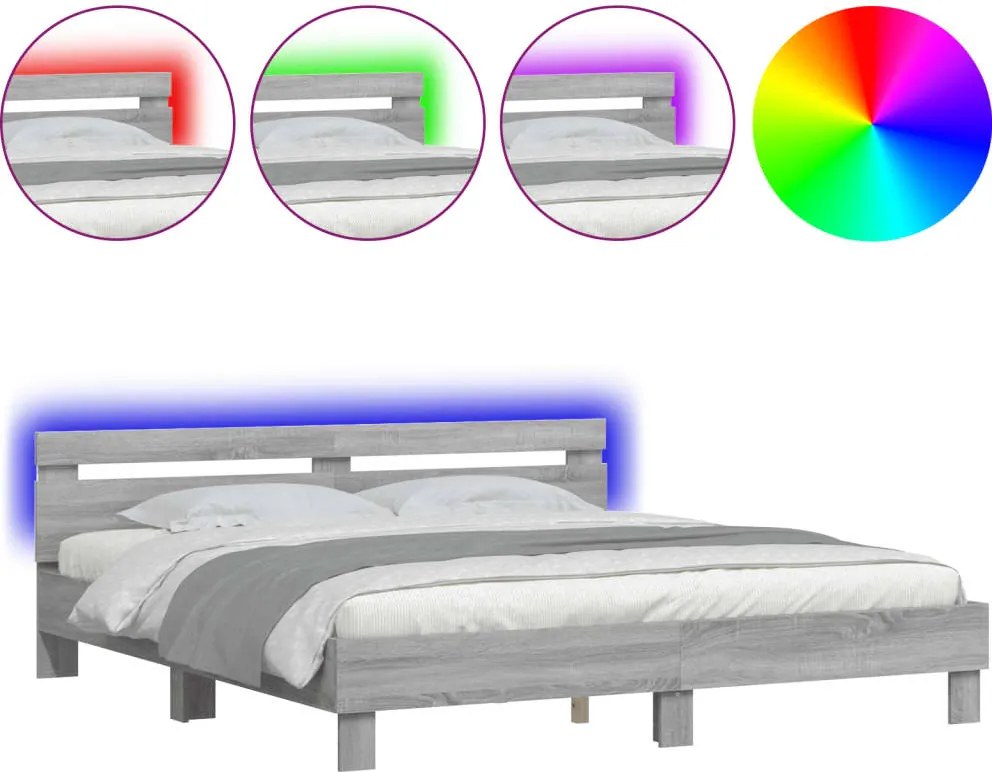 vidaXL szürke sonoma színű ágykeret fejtámlával és LED-del 160x200 cm