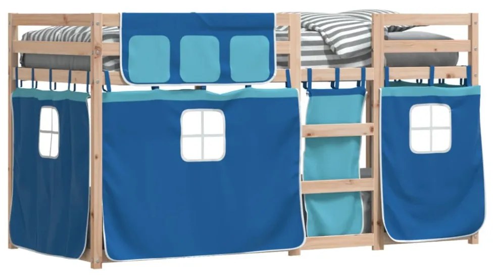 kék tömör fenyőfa emeletes ágy függönyökkel 75 x 190 cm