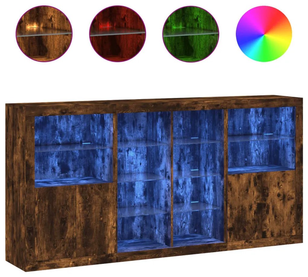 füstös tölgy színű tálalószekrény LED-ekkel 202 x 37 x 100 cm