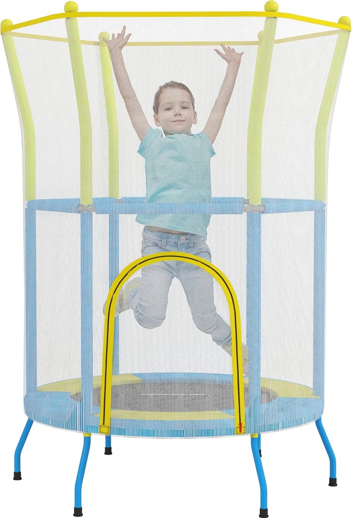 AIYAPLAY Gyermek Trambulin Ø140x190 cm - 3-6 Éveseknek Biztonsági Hálóval, Párnázott Rúddal, 45 kg Teherbírással Belső Használatra, Többszínű | Aosom