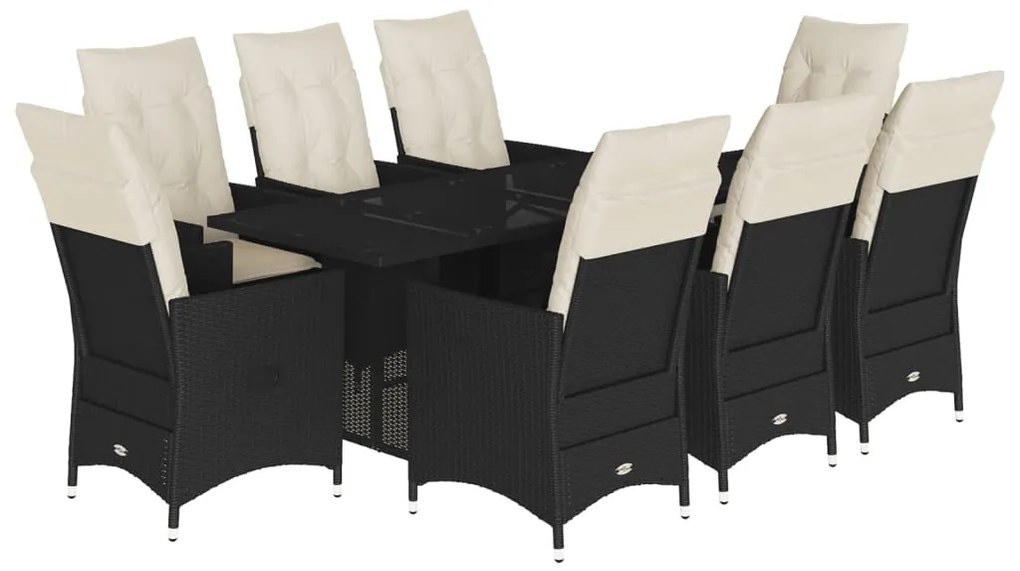 9 részes fekete polyrattan kerti étkezőgarnitúra párnákkal