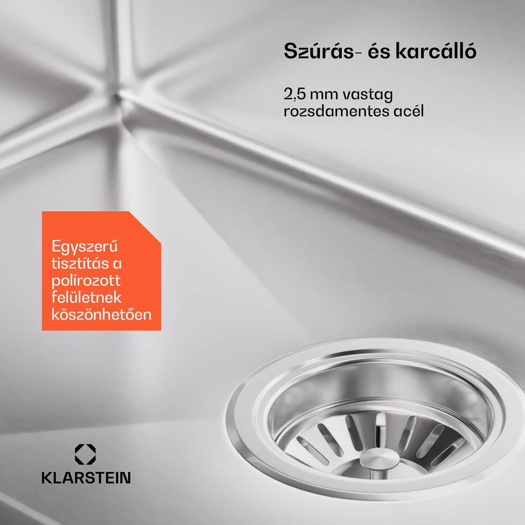 Klarstein TitanSteel Konyhai mosogató 45 x 55 cm (H x Sz) rozsda-, karc-, és hőálló felülettel