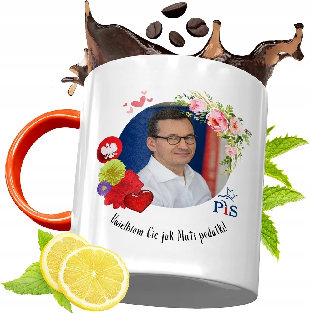 Narancssárga Bögre Mateusz Morawiecki Ajándék fényképes nyomtatással