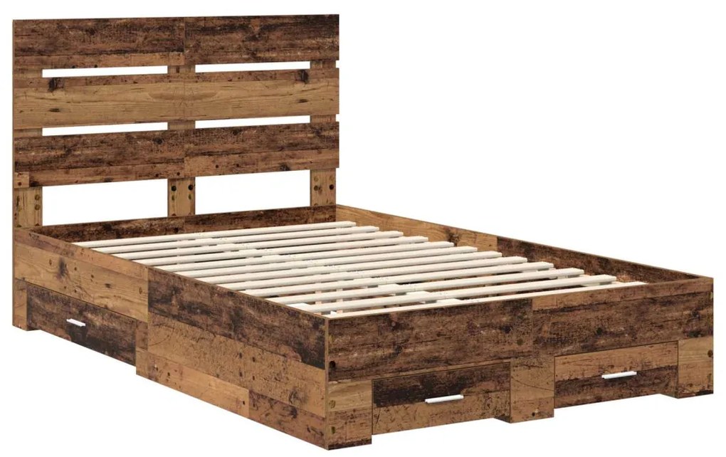 vidaXL Ágykeret fiókkal fejtámlával Öreg fa 120 x 190 cm Faanyag