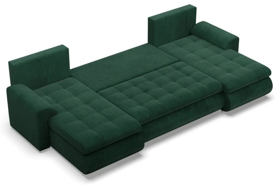 Tokio U alakú sarokkanapé, 3 ágyneműtartóval, kordbársony, univerzális oldal, zöld