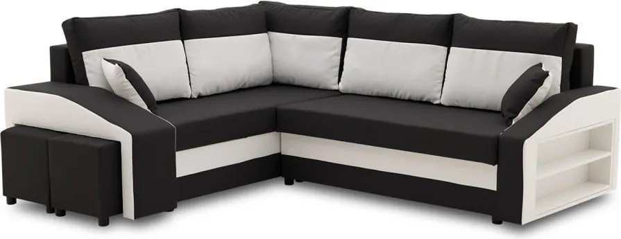 Grande sarokkanapé polcokkal és puffokkal , polc a jobb karfaban puffok a bal karfaban, baloldali, szövet anyag, hab töltet, fekete - fehér