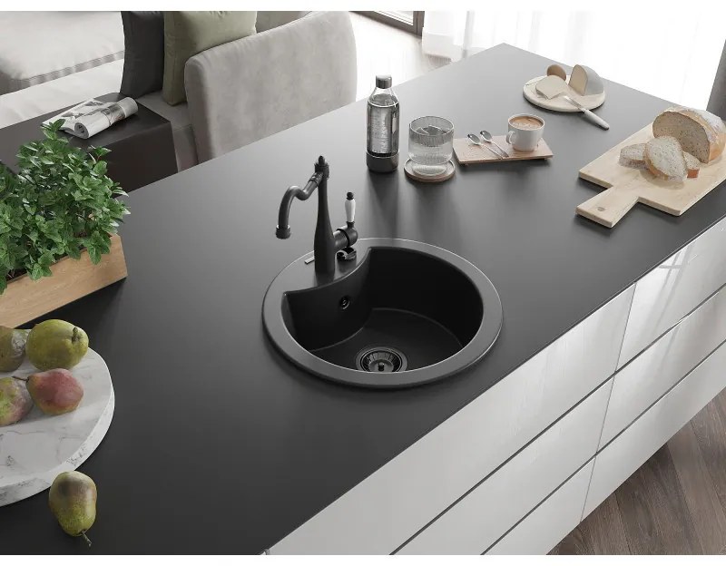Mexen Diego, gránit mosogató 488x488x167 mm, 1 kamrás és mosogató csaptelep Carla, fekete, 6512-77-670700-70-B