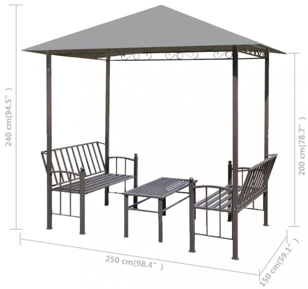 antracitszürke kerti pavilon asztallal és padokkal 2,5x1,5x2,4m