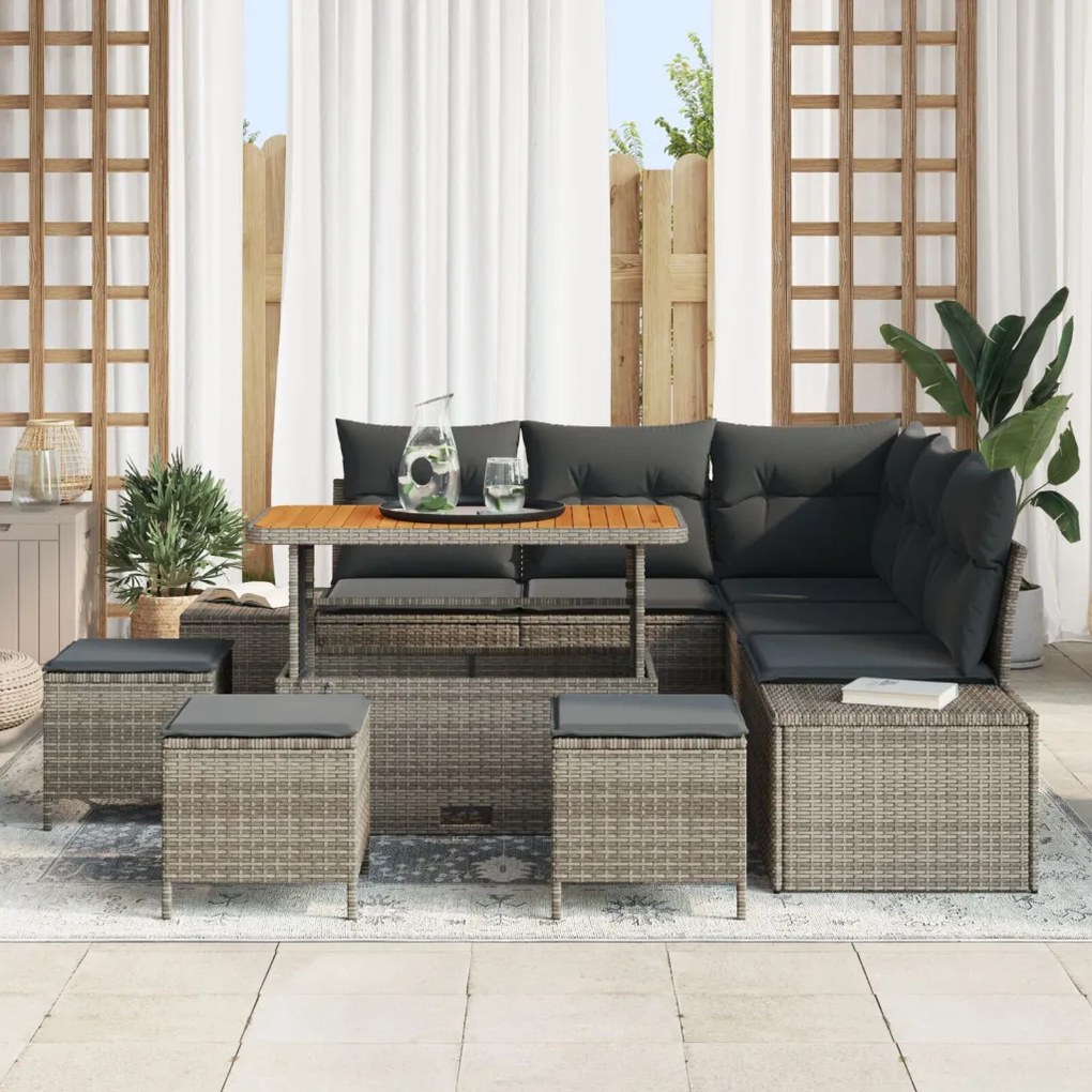 8 darabos kerti kanapészett párnákkal szürke poli rattan akáccal, 2 személyes kerti kanapé párnákkal szürke poli rattan, 3 darabos kerti étkező szett párnákkal szürke poli rattan akáccal