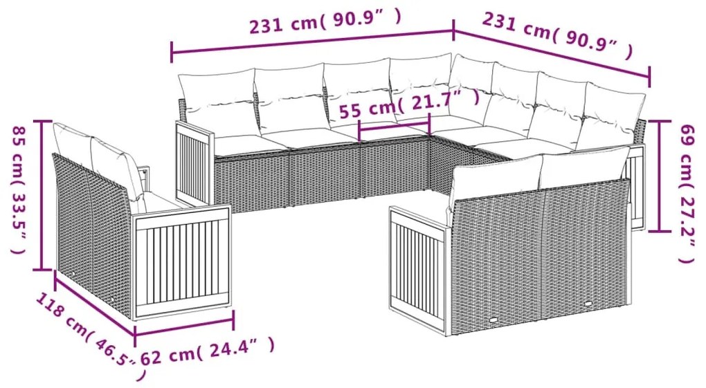 11 részes fekete polyrattan kerti ülőgarnitúra párnákkal