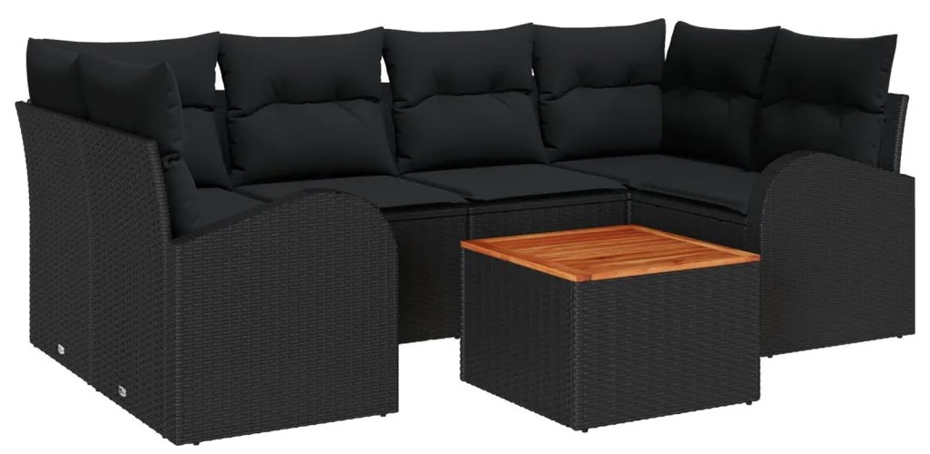 7 Darabos Kert Sofa Szett Párnákkal Fekete Poli Rattan Akác
