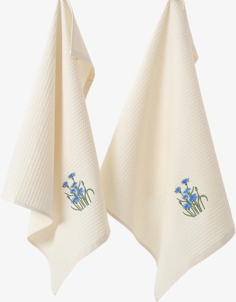 Goldea hímzett waffle konyharuha - búzavirág krémszínű alapon 50 x 70 cm