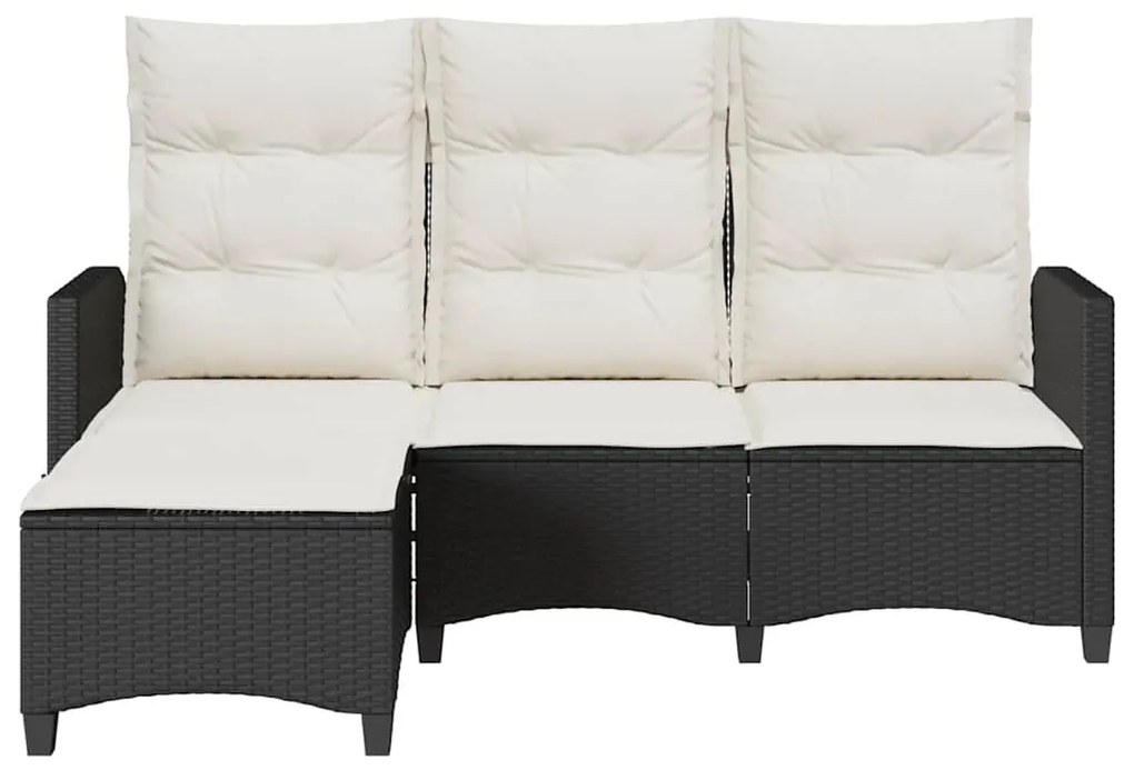 L-alakú fekete polyrattan fekvő kerti kanapé párnákkal