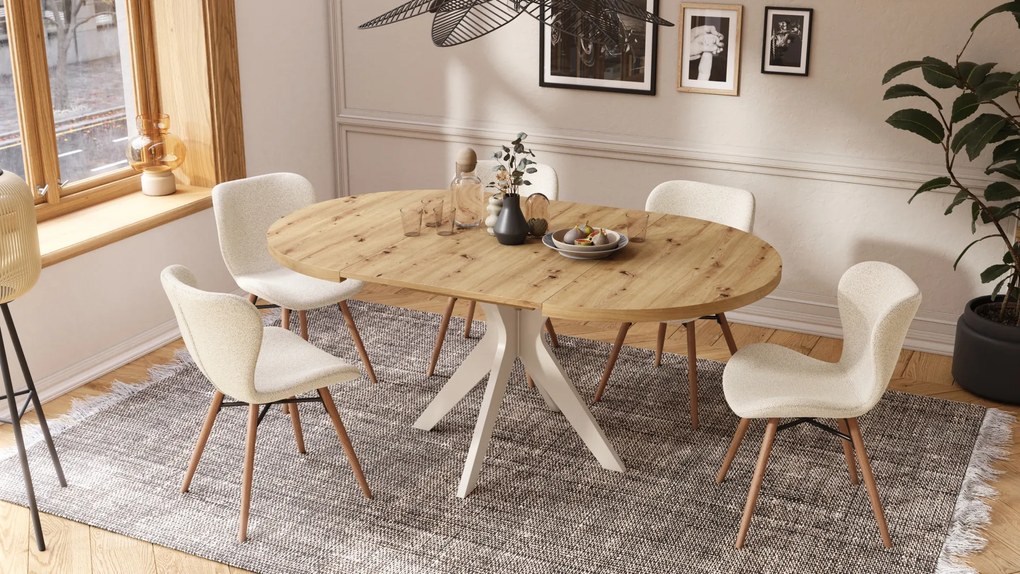 MAZZONI EXPORT ALTEA Crème (tissu Monza 90)/pieds en chêne naturel - CHAISE MODERNE BOUCLÉ POUR SALON/SALLE À MANGER/CUISINE/BUREAU