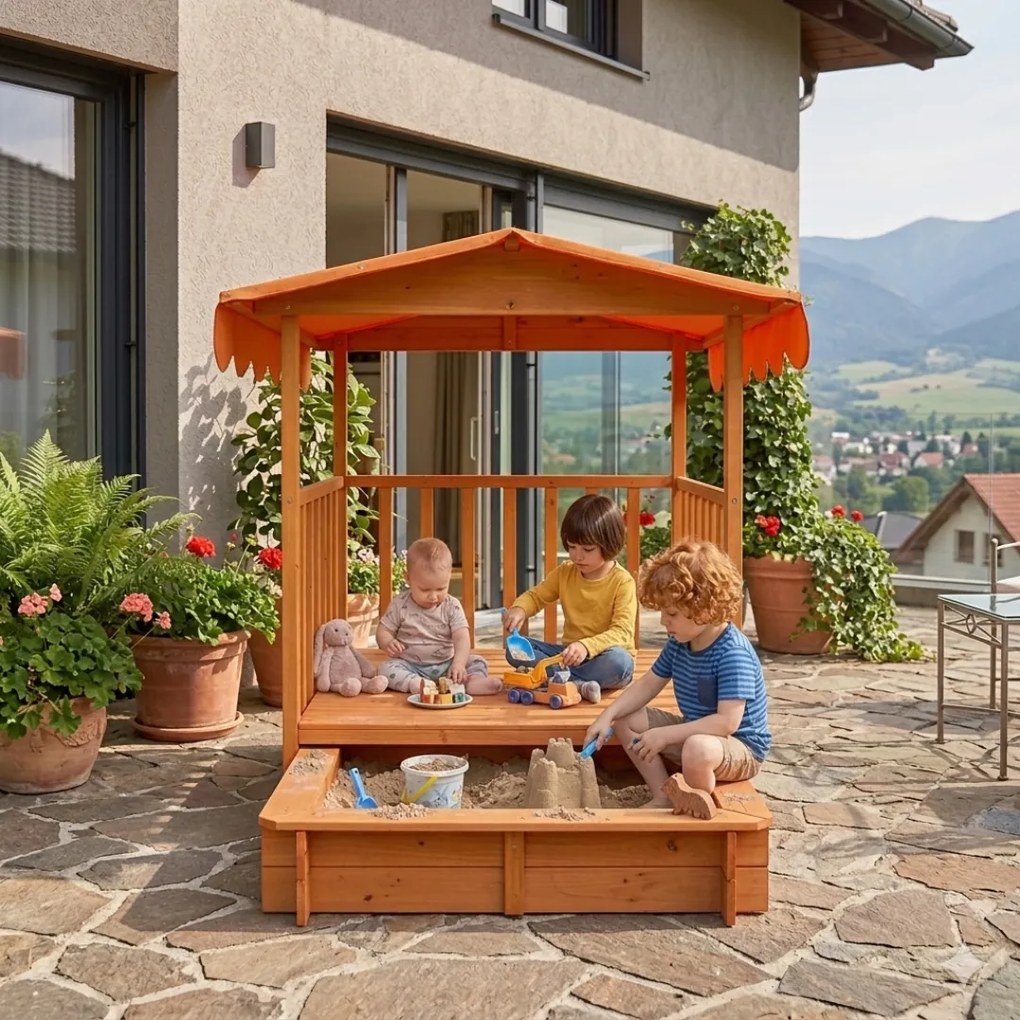 HAPPY verandás homokozó, 130x130x143cm, barna/narancs Jurhan