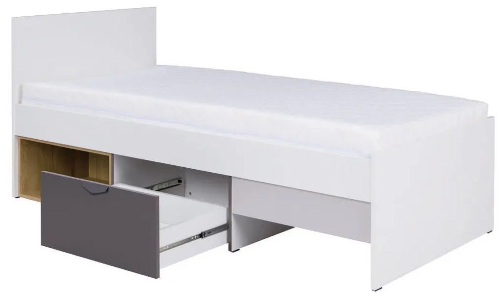 Egyszemélyes ágy 90x200 cm Juna 15 (fehér + grafit + szürke + lefkas tölgy) (ágyráccsal). 1087411