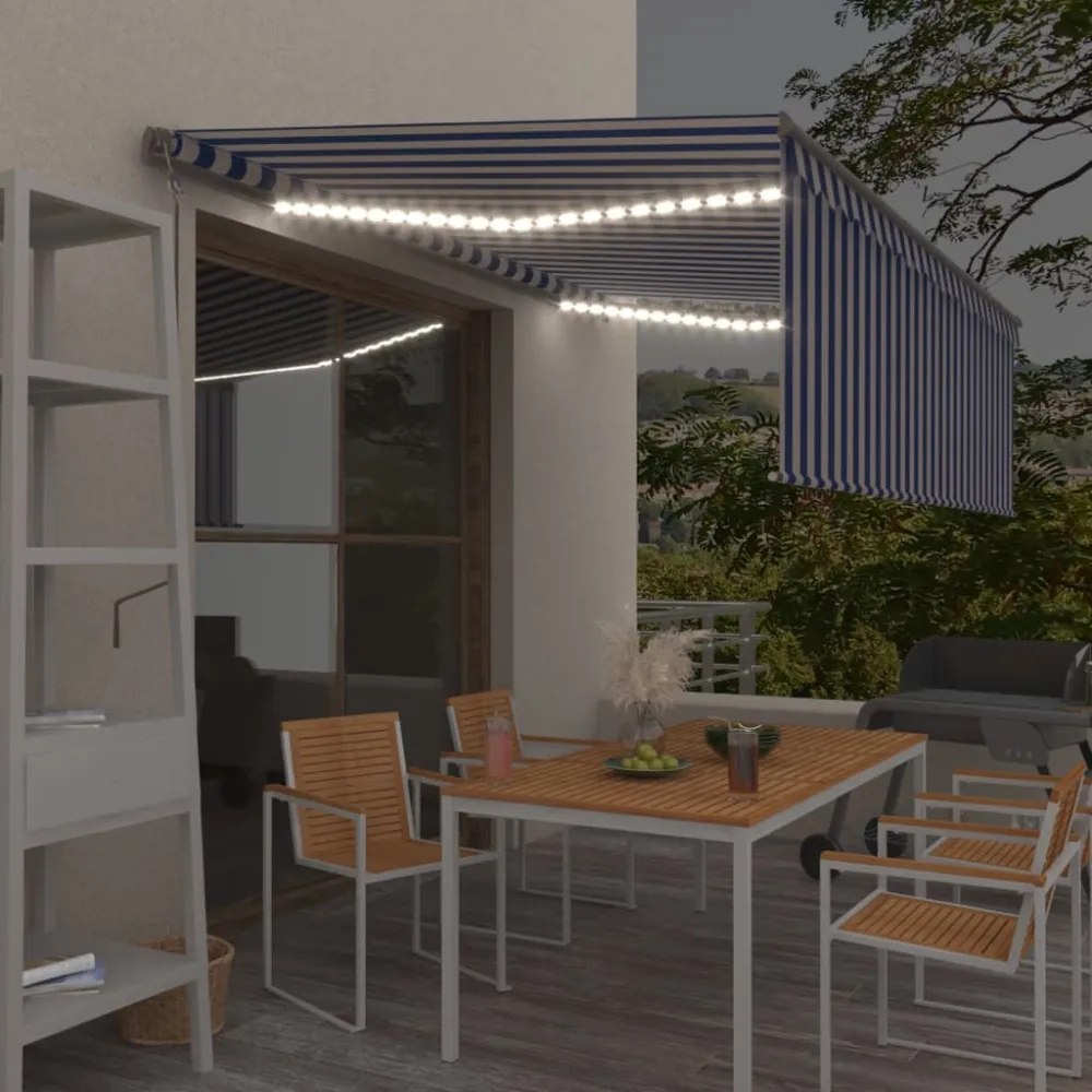 kék és fehér redőnyös, szélérzékelős, LED-es napellenző 4,5x3 m