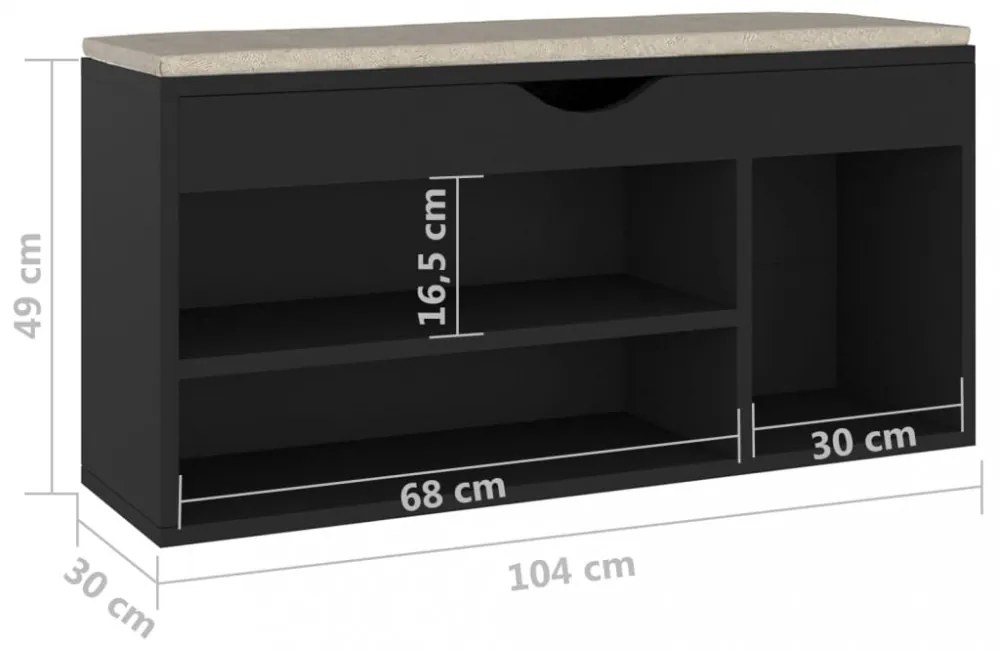 fekete szerelt fa cipőtároló pad párnával 104 x 30 x 49 cm