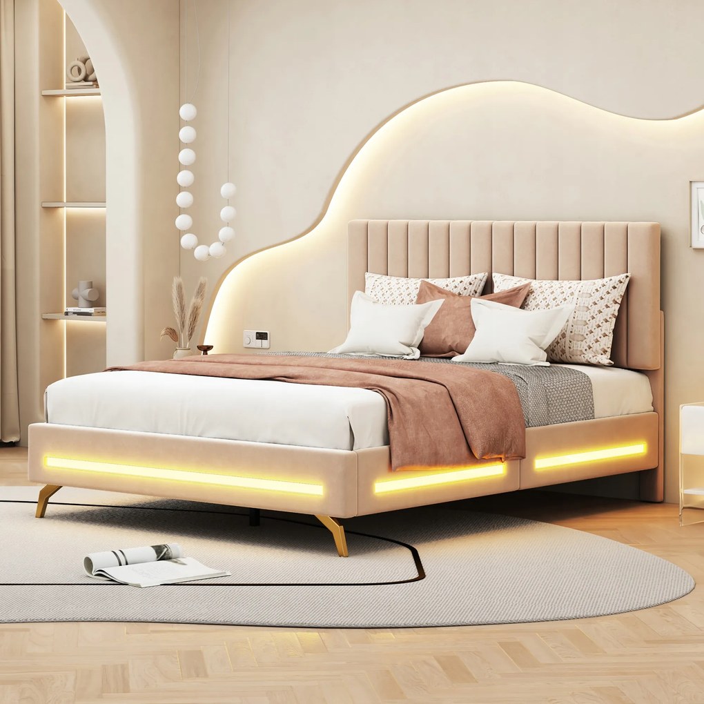 Kárpitozott ágy 140 x 200 cm franciaágy Led világítással bézs