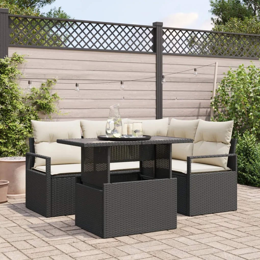 5 Darabos Kert Sofa Szett Párnákkal Fekete Poli Rattan, 2-Személyes Kert Sofa Tárolóval és Párnákkal Fekete Poli Rattan