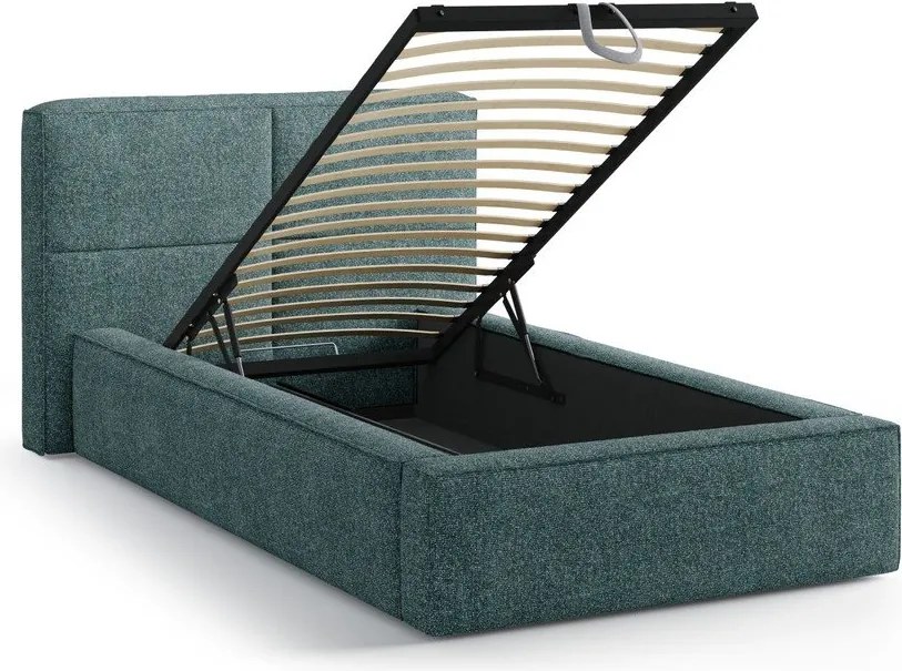 Türkiz kárpitozott ágyneműtartós egyszemélyes ágy ágyráccsal 90x200 cm Darren – Micadoni