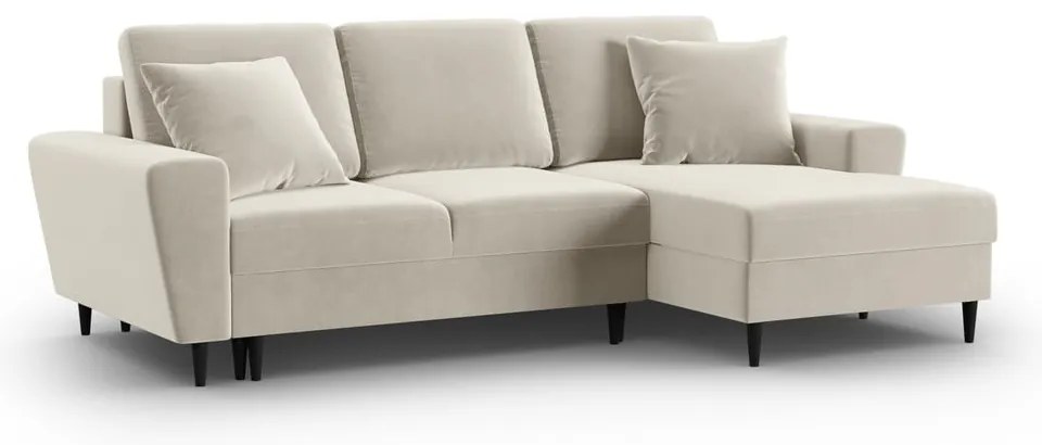 Bézs bársony kinyitható tárolóhelyes sarokkanapé (jobb oldali-heverő résszel) Kyoto – Cosmopolitan Design