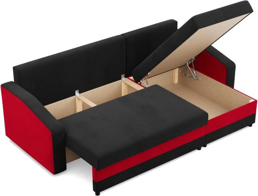 Hewlet sarokkanapé, 2 ágyneműtartóval, szövet anyag, univerzális oldal, bonell töltet, fekete - piros