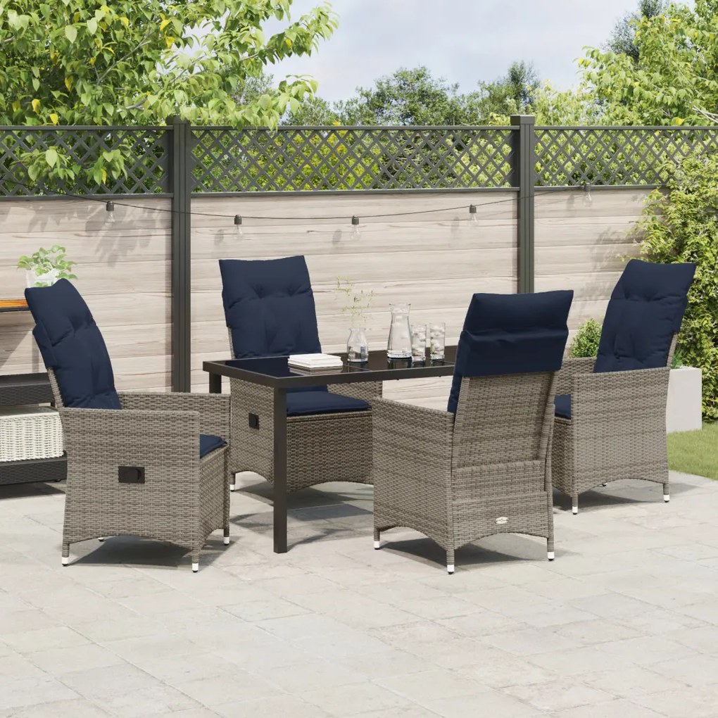 5 részes kerti étkezőgarnitúra párnákkal - Szürke poli rattan, fekete asztal 140x80x73 cm - Temperált üveg