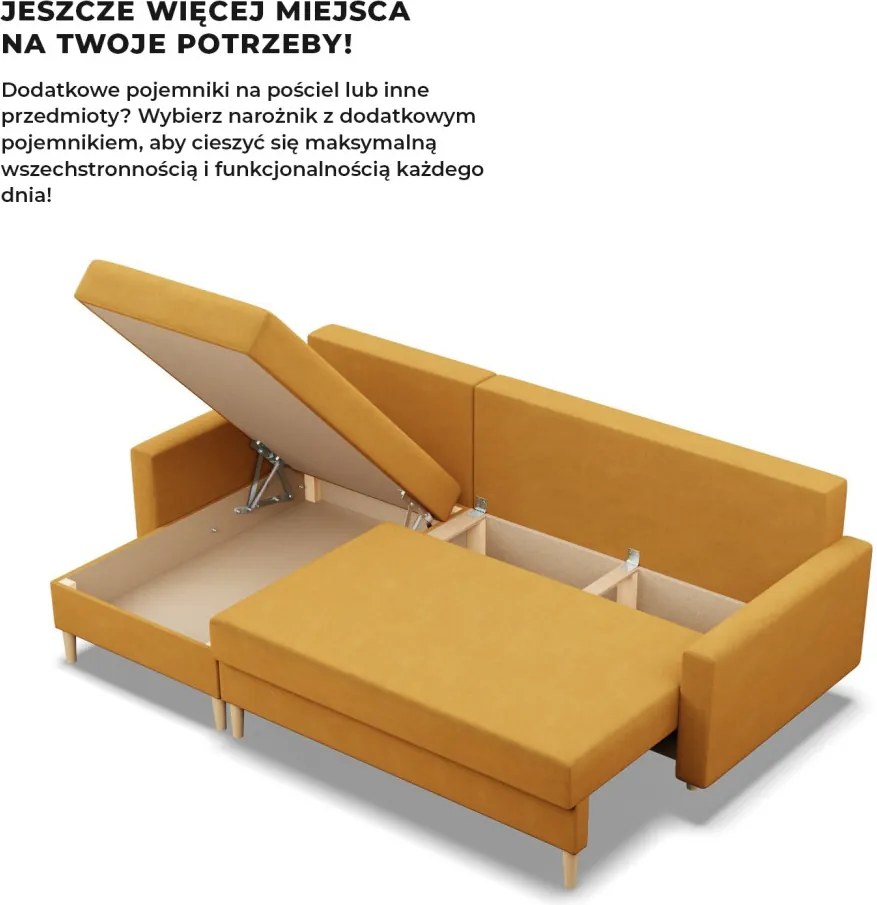 Etna sarokkanapé, 1 ágyneműtartóval, bársony, univerzális oldal, bonell töltet, sárga