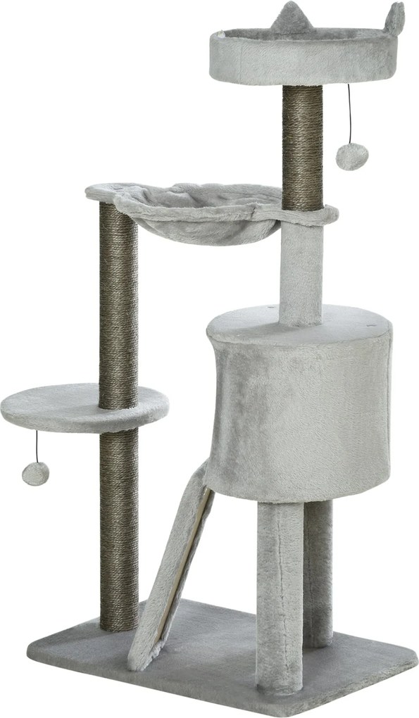 PawHut Macska Fakadály 113 cm-es Macska Torony Macska Búvóhely Sisal Oszlop Macska Kaparófa Játszófa Rámpával és Hálóval Macska Játék Világosszürke |