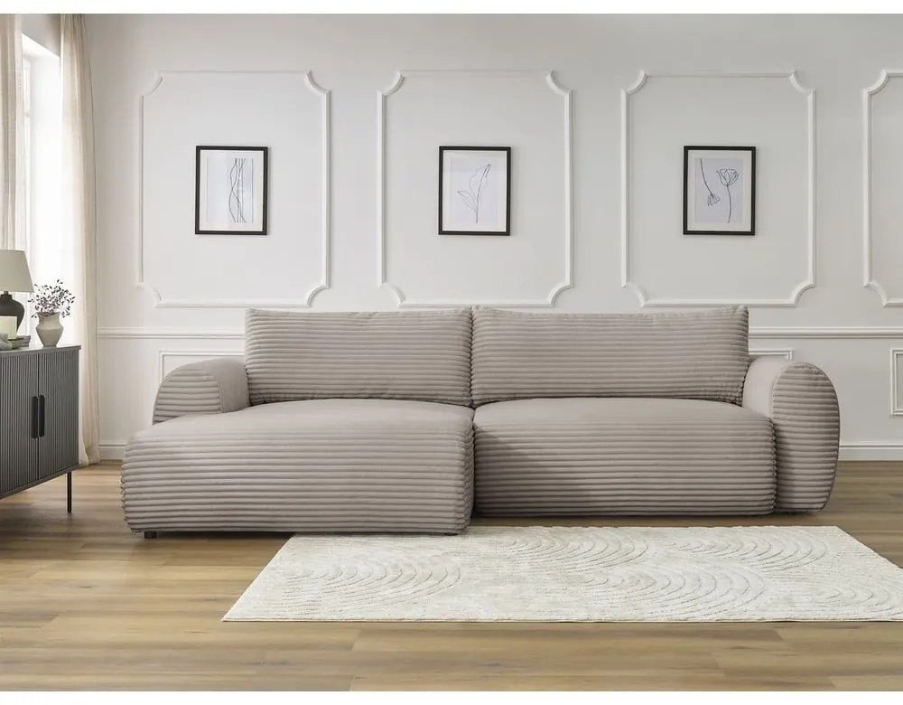 Világosszürkés bézs kordbársony kinyitható sarokkanapé (bal oldali) Lucien – Bobochic Paris