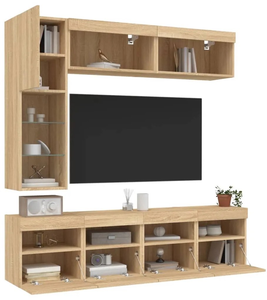 7 darab sonoma tölgy színű falra szerelhető TV-szekrény LED-del