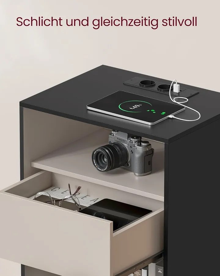 VASAGLE éjjeliszekrény, töltőfunkciós lerakóasztal, tintafekete–kapucsínó bézs