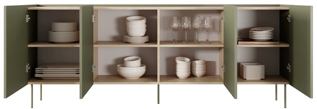 Desin komód 220 cm négyajtós - olíva / nagano tölgy