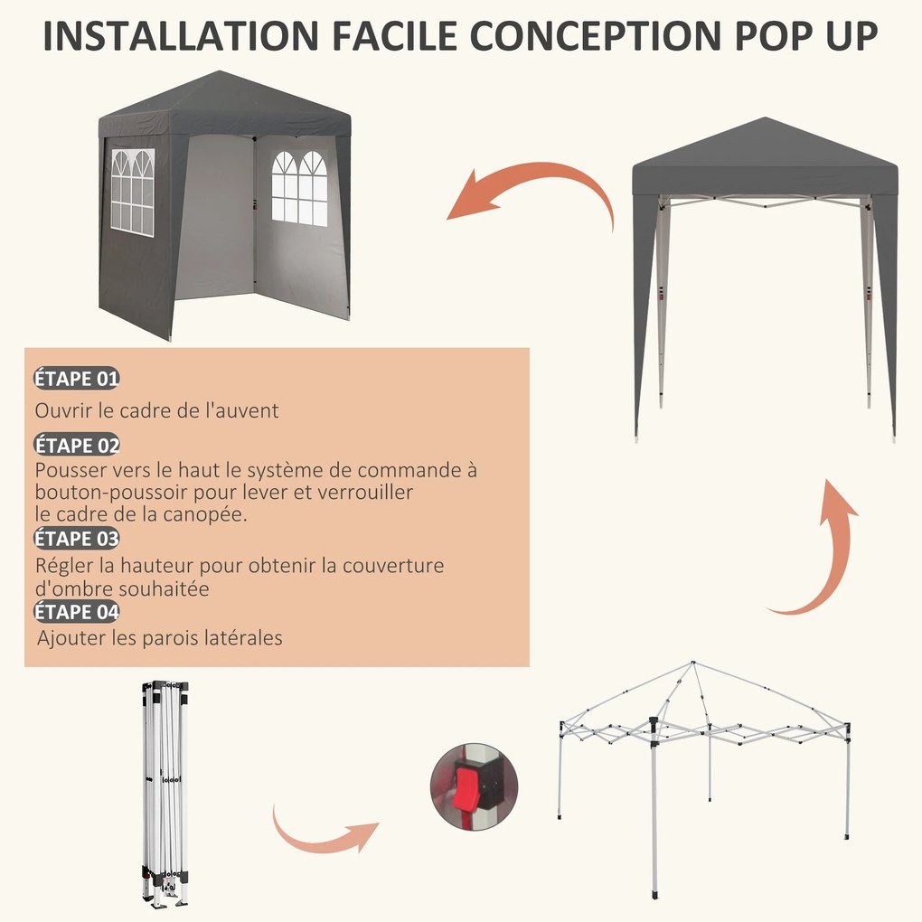 Outsunny Összecsukható Pop-up Kerti Sátor 2 x 2 m Magasságállítható Esemény Pavilon 3 Szinten UV Védelem 30+ 3 Oldalfallal 4 Homokzsákkal és 1 Hordtás