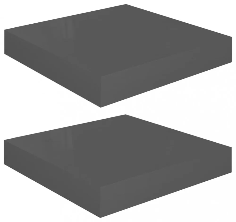 2 db magasfényű szürke MDF lebegő fali polc 23 x 23,5 x 3,8 cm