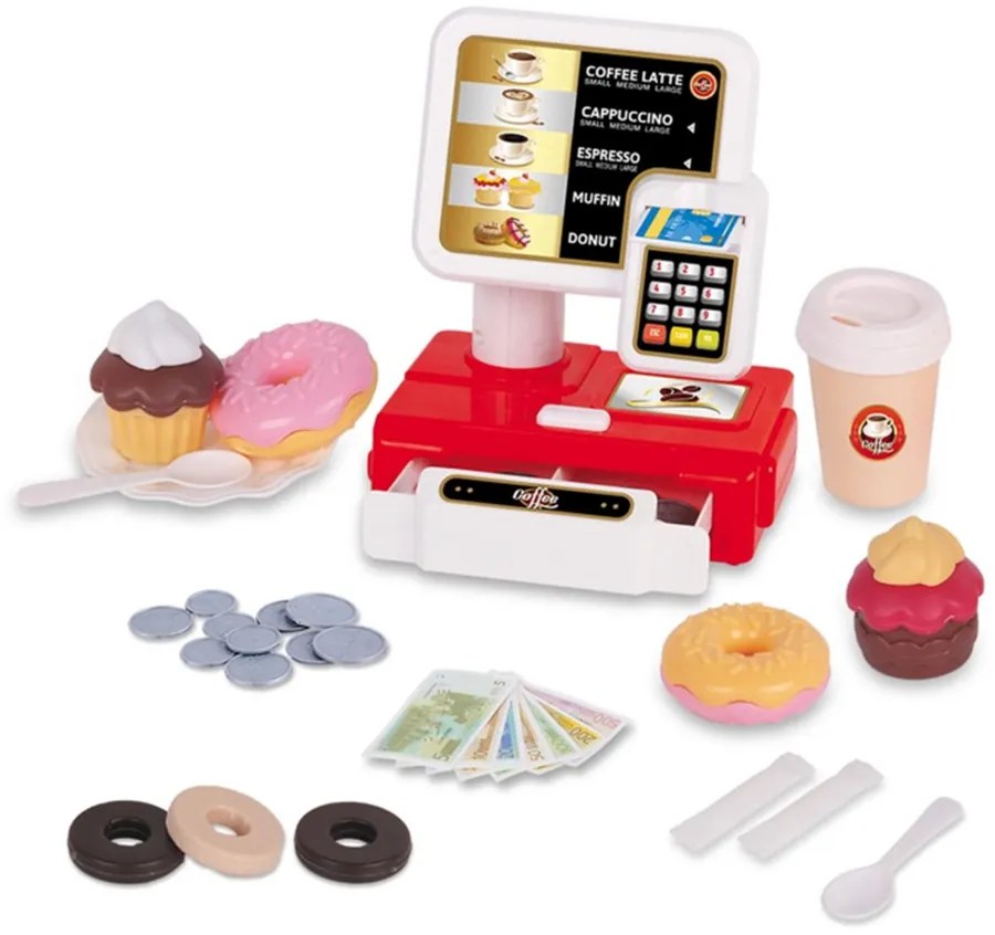 KidsToys Játék Barista, Szupermarket, kávézó pénztárgép hanggal, fánk, fagyi , kávéval