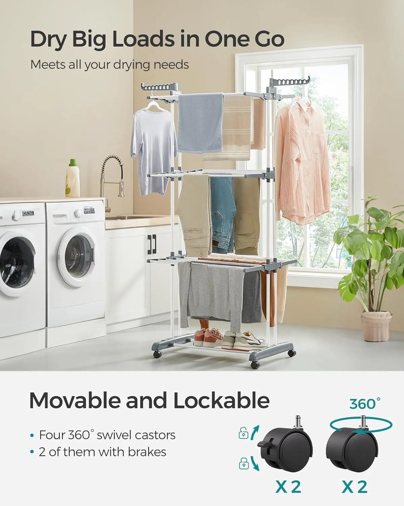 Összecsukható 4 szintes ruhaszárító állvány, mozgatható, 64 x 126 x 172 cm, rozsdamentes acél, lehajtható szárnyakkal, fehér