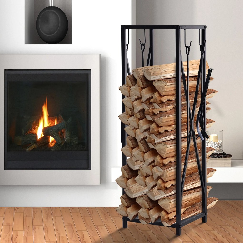 Outsunny Tüzifa Tartó - Oszlopos Tüzifa Tartó - Több Kiegészítő 34H x 34Sz x 111M cm Fekete Fém | Aosom